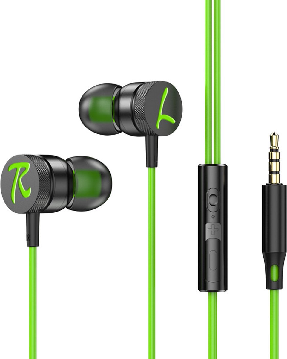 Bedrade oortjes - In Ear Oordopjes - Oortjes met Draad en Microfoon - Extra Bass - 3,5mm Jack Aansluiting - 120cm kabel - Groen