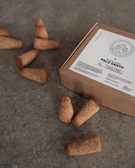 Een bruine kartonnen doos met "PALO SANTO INCENSE CONES" erop. Enkele wierookkegels liggen verspreid op de grijze ondergrond.
