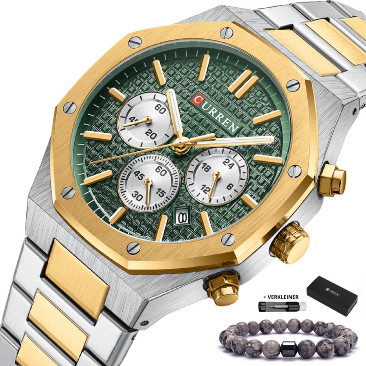 Curren - Horloge Heren - Cadeau voor Man - Horloges voor Mannen - 43 mm - Goud Groen