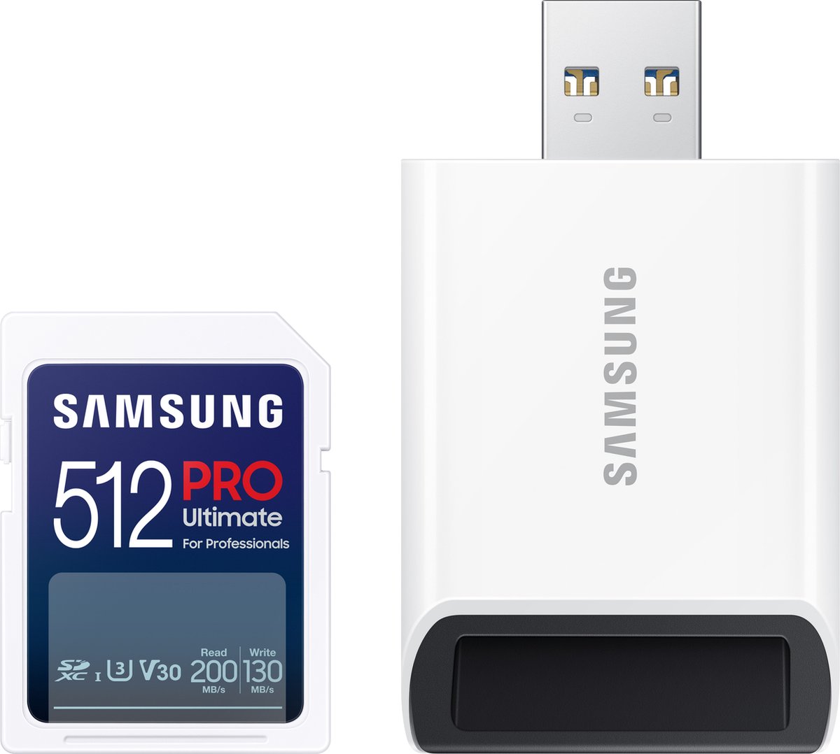 SAMSUNG Samsung PRO Ultimate met kaartlezer – SD kaart 512 GB – 200 & 130 MB/s – Geheugenkaart camera