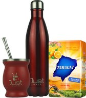 Pack Démarrage Yerba Mate - Gourde + Bombilla + Thermos + 500 gr Yerba - Kit Thee Yerba Mate 5 pièces - 4 Couleurs 4 Saveurs - (Rouge - Orange)