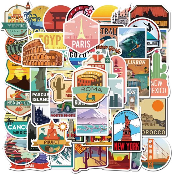 *** 50 Stickers voor Reizen en Landen – Outdoors – Voor Laptop, Auto, Busje, Journal, Muur, etc.- Vakantie van Heble® ***