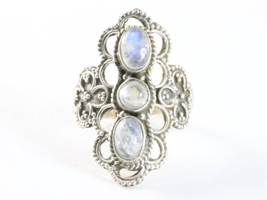 Bague en argent travaillé avec 3 pierres de lune arc-en-ciel - taille 19,5