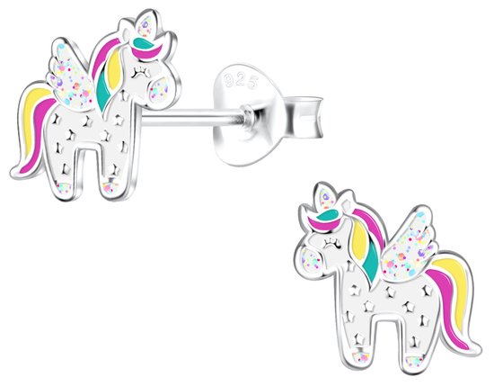 Joy|S - Zilveren eenhoorn oorbellen - glitter - unicorn met vleugeltjes - 9 mm - kinderoorbellen
