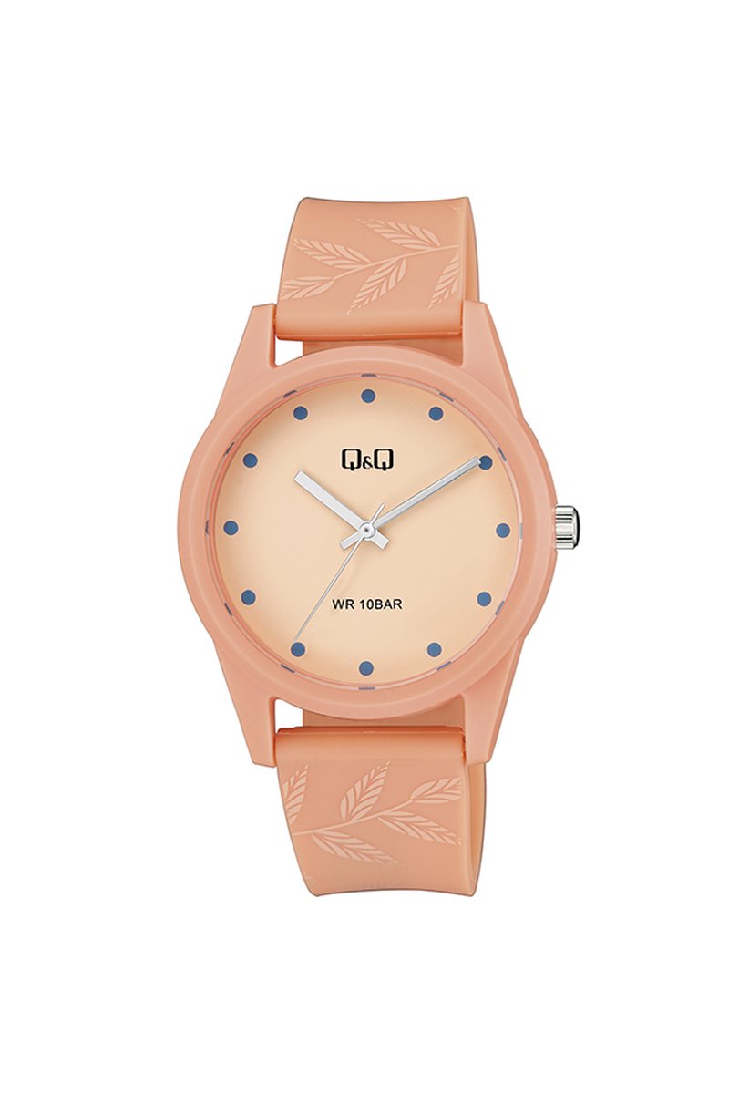 QQ V08A-005VY - Horloge - Sport - Analoog - Dames - Vrouwen - Kinderen - Plastic band - Rond - Kunststof - Stippen - Zalmkleurig - 10 ATM