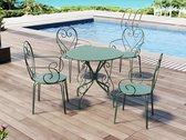 MYLIA Metalen tuineetset met smeedijzer aspect: een tafel en 4 stoelen - amandelgroen - GUERMANTES L 80 cm x H 89 cm x D 80 cm