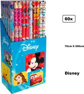 60x Rol inpakpapier 70cm x 200cm Disney assortie - Cars prinses Mickey Miney Mouse Feest thema party inpakken kado verschillende dessins