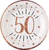 Santex Verjaardag feest bordjes leeftijd - 10x - 50 jaar - rose goud - karton - 22 cm - rond