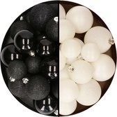 Kerstballen 60x stuks - mix wol wit/zwart - 4-5-6 cm - kunststof - kerstversiering