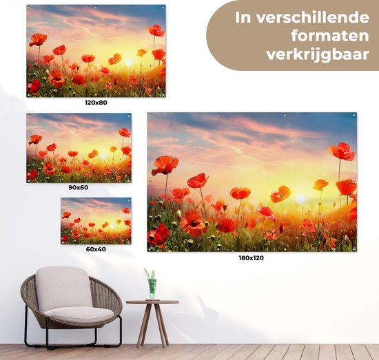 Tuinposter bloemen - Tuindecoratie klaprozen rood - 120x80 cm - Tuinschilderij voor buiten - Tuindoek zonsondergang - Wanddecoratie tuin - Schuttingdoek - Balkon decoratie - Muurdecoratie - Buitenschilderij