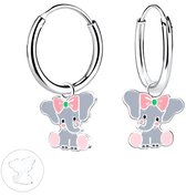 Joy|S - Zilveren olifant bedel oorbellen - grijs met roze voetjes en strikje - oorringen - kinderoorbellen
