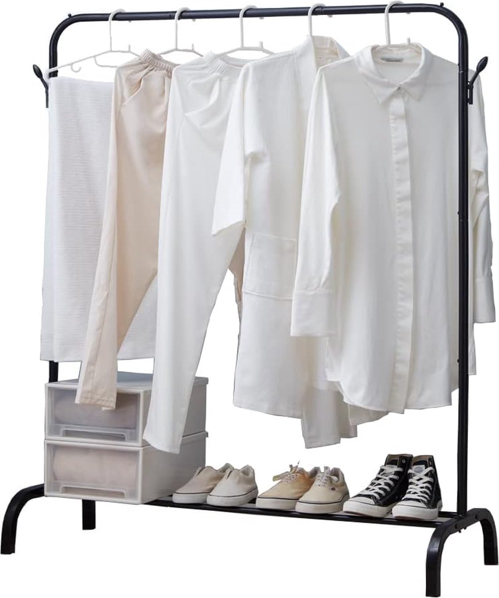 Metalen kledingrek, kledingstang met onderframe en 2 haken, multifunctionele garderobestandaard, slaapkamer, kledingrek, zwart