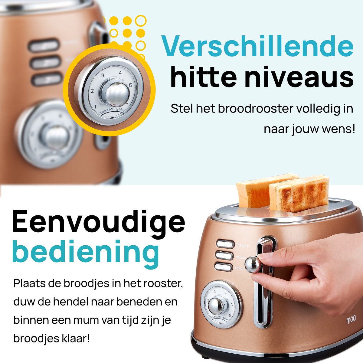 MOA Retro Broodrooster - Toaster met 2 Extra Bede Sleuven - 6 Warmteniveaus - BPA Vrij - 850W - Koper thumbnail 5
