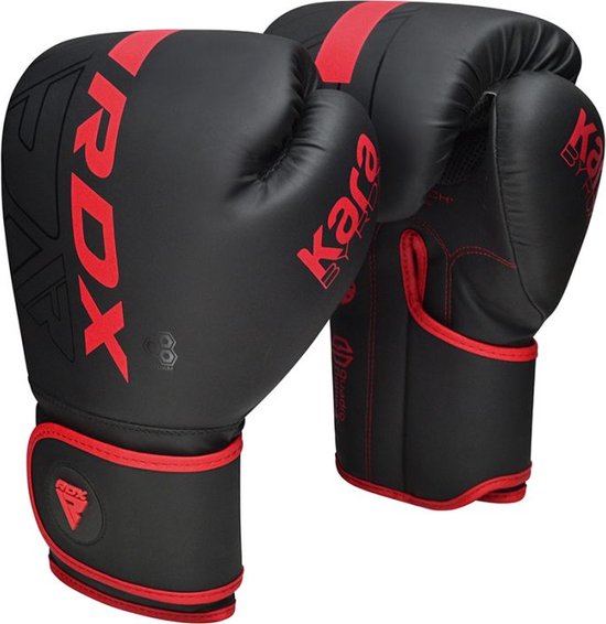 Zwarte bokshandschoenen met rode RDX-opdruk en rode accenten.