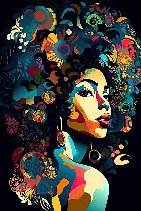 Vrouw met kleurrijke afro poster - 70 x 100 cm