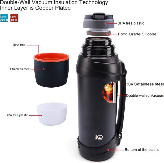 Gourde Isotherme 2,5L Acier Inoxydable Noir - Garde Au Chaud/froid 24-36h