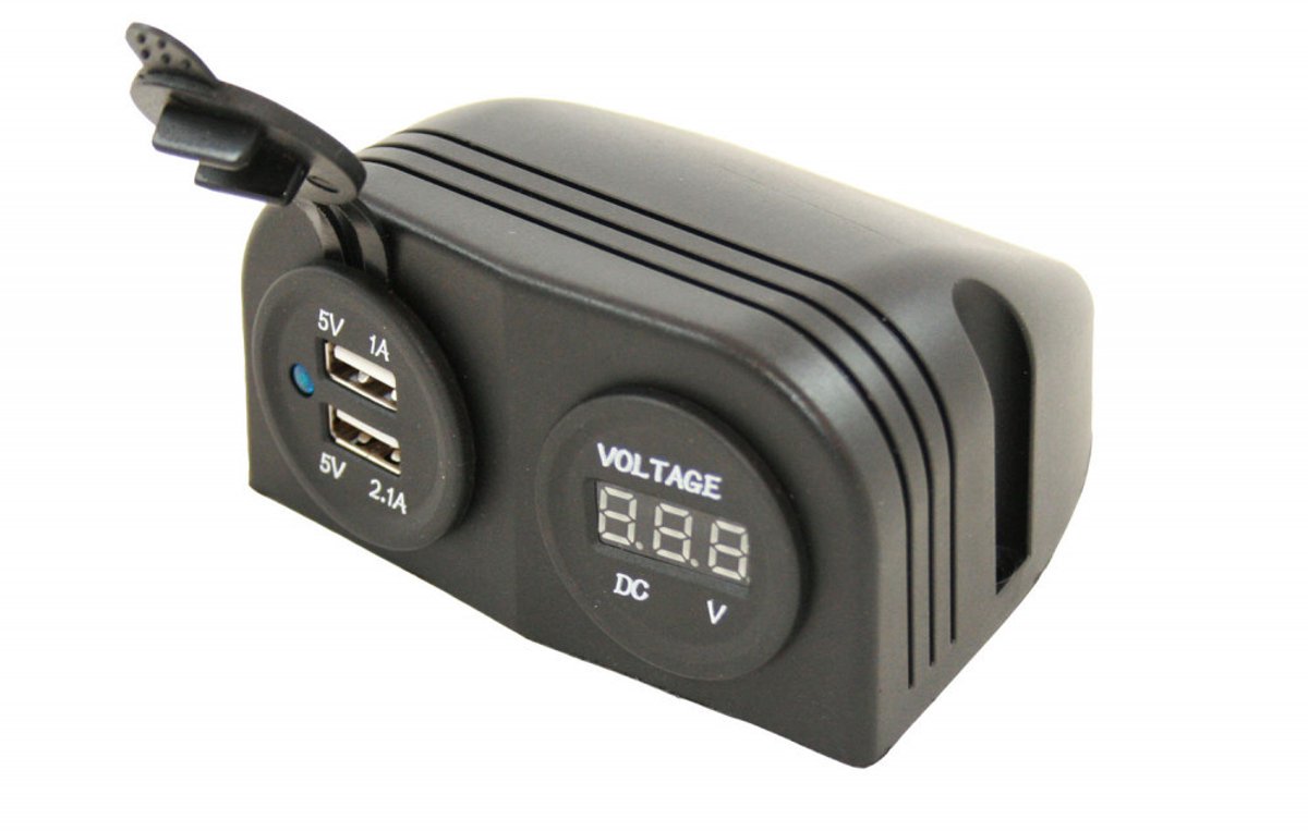 Power Line Voltmeter + 2x USB Lader Opbouw Zwart