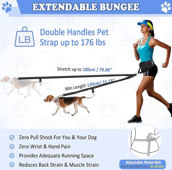 Handsfree hondenriem voor hardlopen wandelen Training Wandelen, reflecterende bungee, poepzak dispenser zakje, verstelbare heupriem, schokabsorberend, ideaal voor middelgrote tot grote honden (2 lijnen