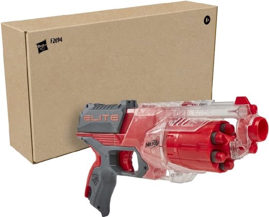 Rode en transparante NERF Elite Disruptor naast een bruine kartonnen doos met "Hasbro" erop.