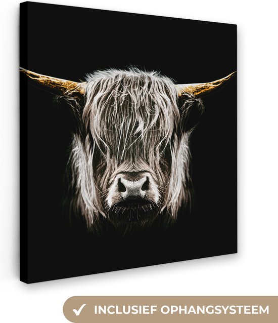 Canvas schilderij 50x50 cm - Wanddecoratie Schotse hooglander - Goud - Hoorns - Zwart wit - Koe - Dieren - Muurdecoratie woonkamer - Slaapkamer decoratie - Kamer accessoires - Schilderijen