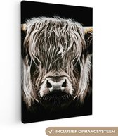 Canvas Schilderij Schotse hooglander - Goud - Hoorns - Zwart wit - Koe - Dieren - 20x30 cm - Wanddecoratie