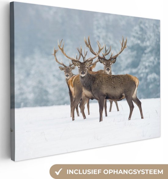 Canvas schilderij - Herten - Winter - Dieren - Natuur - Foto op canvas - 120x90 cm - Muurdecoratie - Schilderijen op canvas
