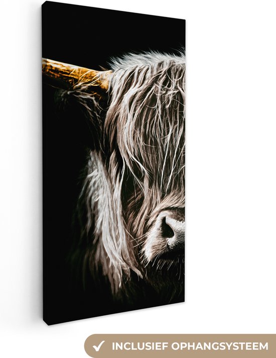 Canvas Schilderij Schotse hooglander - Goud - Hoorns - Zwart wit - Koe - Dieren - 20x40 cm - Wanddecoratie