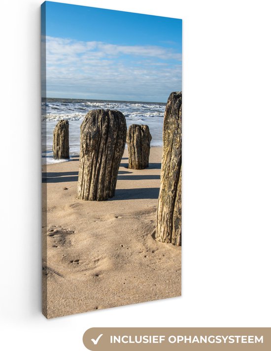 Canvas schilderij - Strand - Zee - Golf - Schilderij woonkamer - Slaapkamer - Canvas doek - Schilderij strand en zee - 20x40 cm