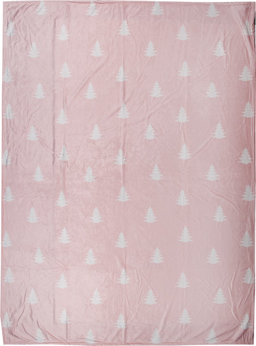 Clayre & Eef Plaid 130x170 cm Roze Wit Polyester Kerstbomen