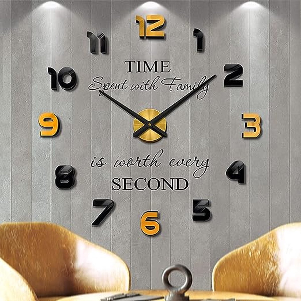 3D Wandklok - Premium - Modern - Met Quote - Groot - Zwart & Goud - Cijfers