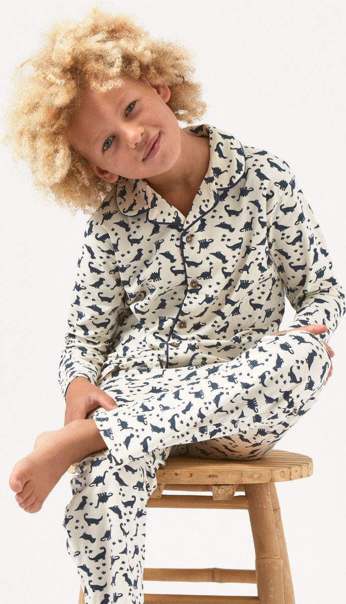 Little Label - jongens pyjama set - wit dino - 6Y/110-116 - Zachte BIO Katoen