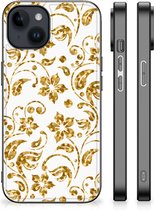Back Cover Siliconen Hoesje Geschikt voor iPhone 15 Plus Telefoonhoesje met Zwarte rand Gouden Bloemen