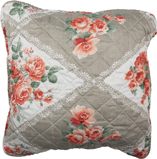 Clayre & Eef Housse de coussin 50x50 cm Gris Rose Coton Polyester Fleurs Housse de coussin décorative