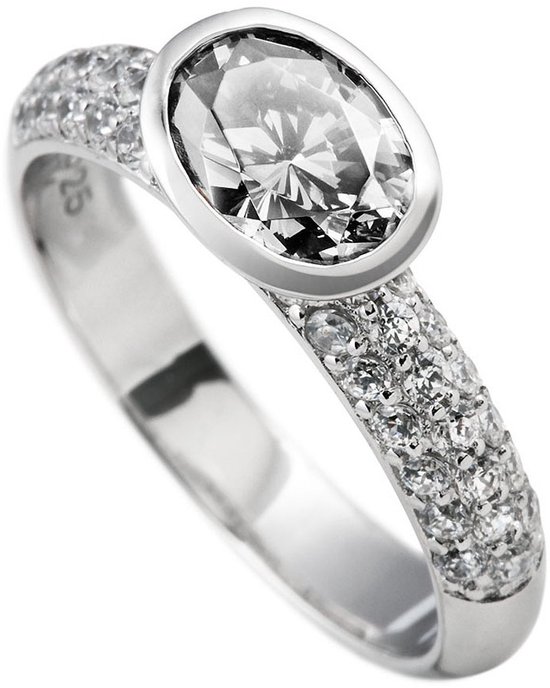 Diamonfire - Zilveren ring met steen Maat 19.5 - Schuine ovale steen - Band pav‚ bezet