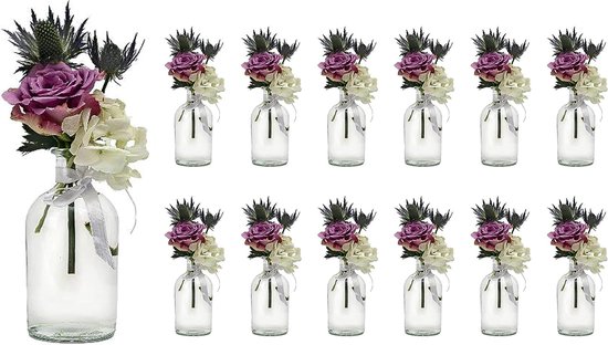12 x kleine vazen set new-Bost-100 band inclusief glazen flessen fles helder deco bloemenvaas bruiloft (12 x strik wit)