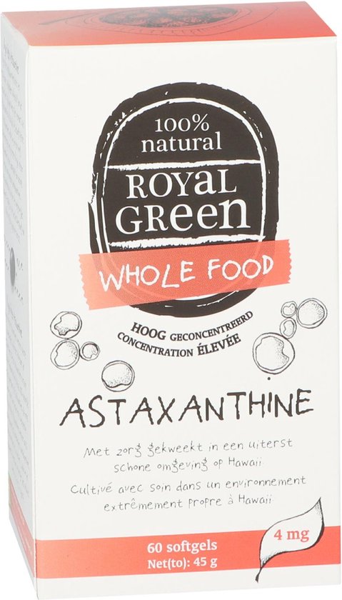 Doos met Royal Green Astaxanthine, 60 softgels, 4 mg. Gekweekt op Hawaii in een schone omgeving.