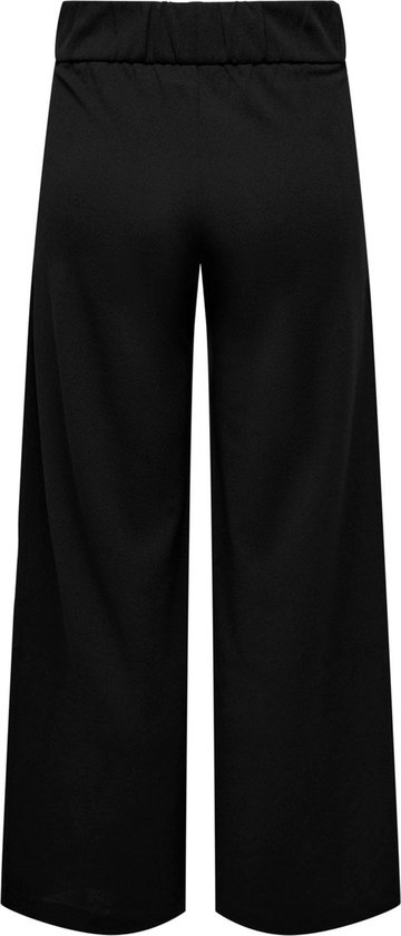Zwarte wijde broek met elastische tailleband aan de achterkant.