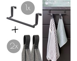 Zwarte keuken handdoekstang VALI 23cm + 2x Zwarte leren magneet-lus - Voor 2 handdoekjes (handdoekrek keukenkast - deurhaken - handdoekhouder - handdoekstang - deurhaak keuken)