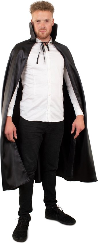 PartyXplosion - Vampier & Dracula Kostuum - Lange Cape Zwart Met Kraag - Zwart - One size - Halloween - Verkleedkleding