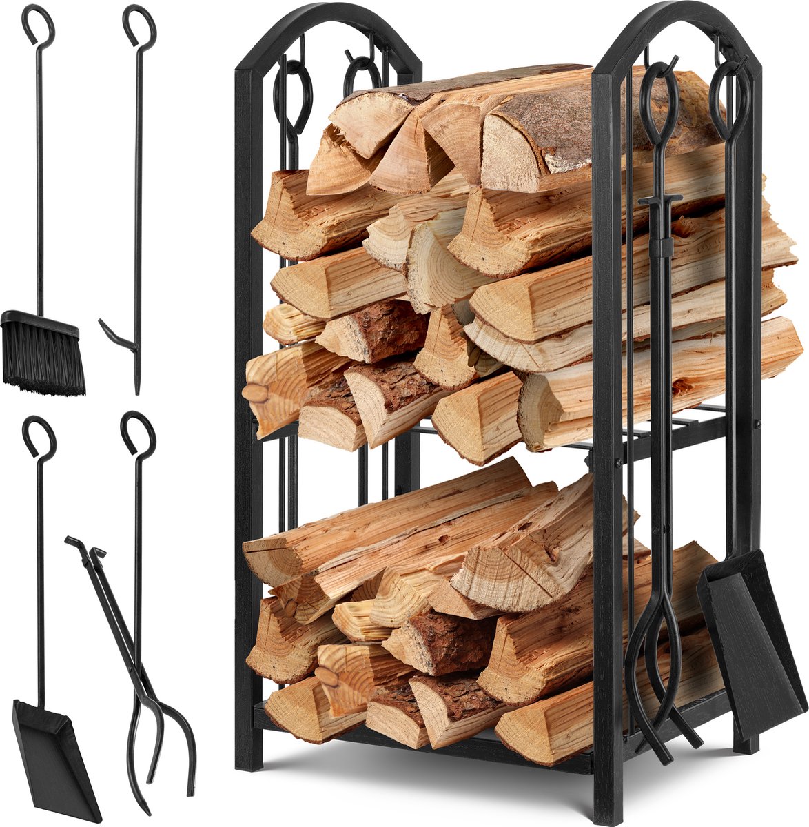 KESSER® Brandhoutrek 5-Delige Set Brandhoutrek Binnen en Buiten Metaal 2 Niveaus met 4 Haardgereedschappen voor Haard & Kachel, Staal 40x30x74,5cm Verstelbaar - Zwart