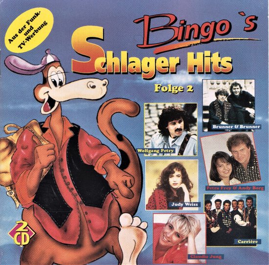 CD cover met de titel Bingo's Schlager Hits Folge 2, met een cartoon figuur en foto's van artiesten zoals Wolfgang Petry, Brunner & Brunner, Judy Weiss, Claudia Jung, Petra Frey & Andy Borg, en Carrière.