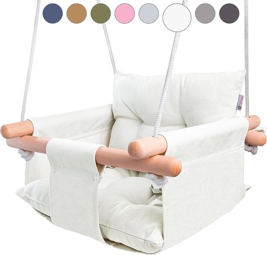 Foto: Canvas baby swing houten hangende swing seat stoel met veiligheidsgordel duurzame baby hangmat stoel outdoor en indoor swing voor kinderen montagehardware inbegrepen ivoor