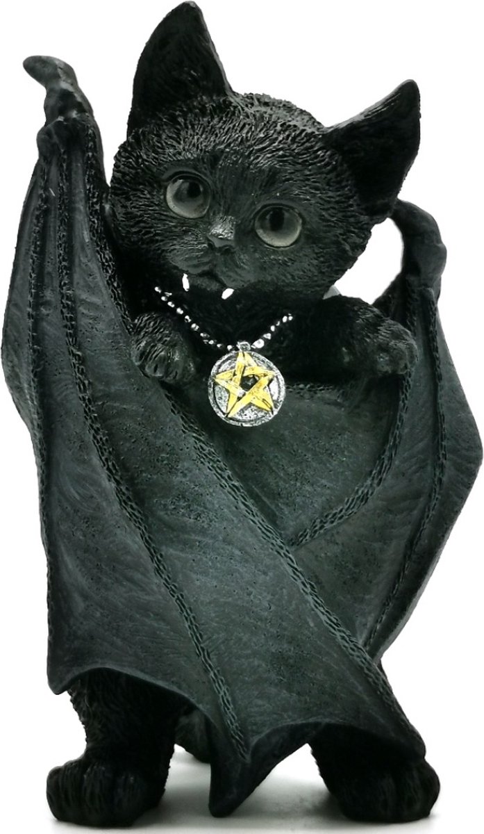 Gothic Beeldje - Vampierkat Catula met Mantel en Pentagram - (hxbxd) ca. 17cm x 10cm x 8cm