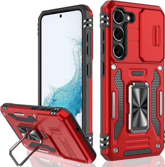 Podec Hoesje Geschikt voor Samsung Galaxy S23 Rood Telefoonhoesje - Anti-Shock Case Cover Hybrid Armor Hoes met Kickstand Ring met Screenprotector