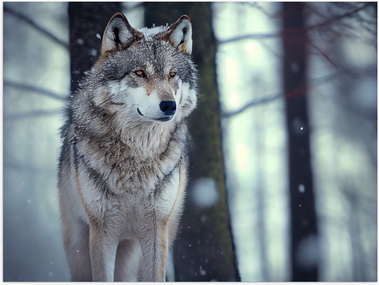 Poster Glanzend – Wolf staat in een bos in de sneeuw - 40x30 cm Foto op Posterpapier met Glanzende Afwerking