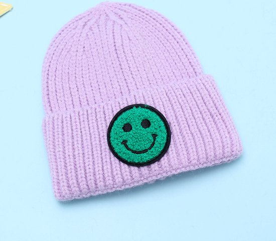 Kinretixia Paarse gebreide muts met kattenmotief, schattige beanie voor vrouwen en meisjes, handgemaakte wintermuts, anime-muts, uniseks geborduurde winteraccessoires, Meerkleurig, L
