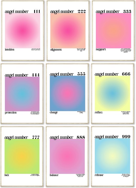 NINETY4 studio - 9 x A4 Angel Numbers Posters - Engelen Nummer Prints - Prints voor Tienerkamer - Kado voor Tiener - 111 Print - Manifesteren