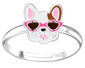 Joy|S - Zilveren hond ring - verstelbaar - hondje met roze zonnebril - voor kinderen
