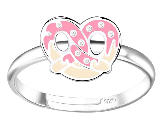 Joy|S - Zilveren pretzel ring - verstelbaar - roze krakeling - voor kinderen