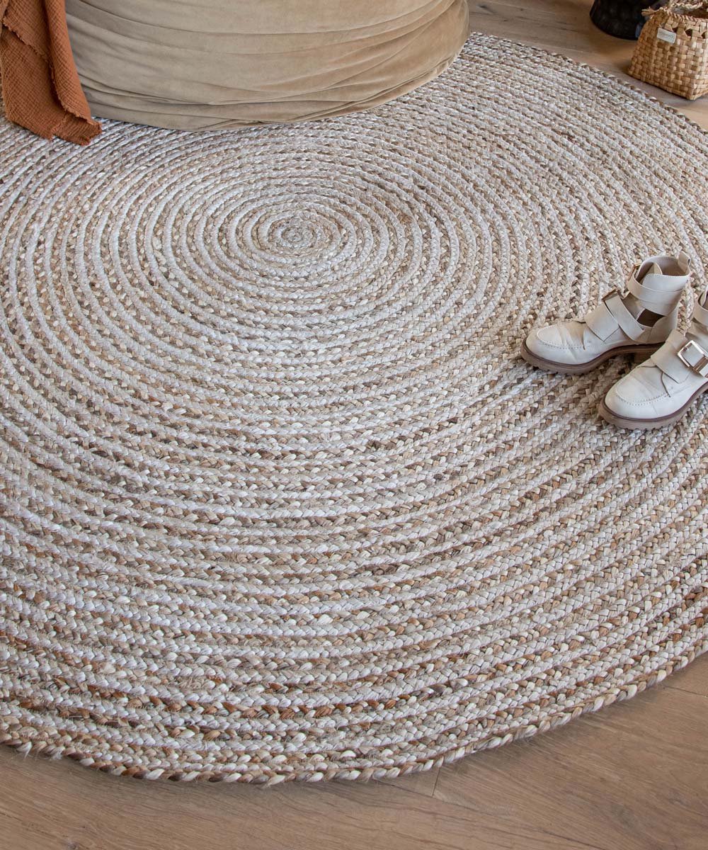 Jute vloerkleed rond - Braided - wit/naturel 120 cm